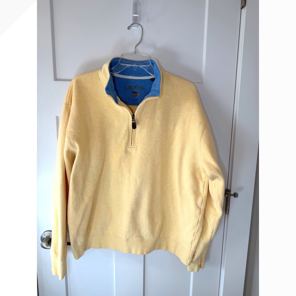 Orvis Mens 100% Cotton Quarter Zip Pullover Sweatshirt Yellow Blue RN 70534 - Picture 2 of 8